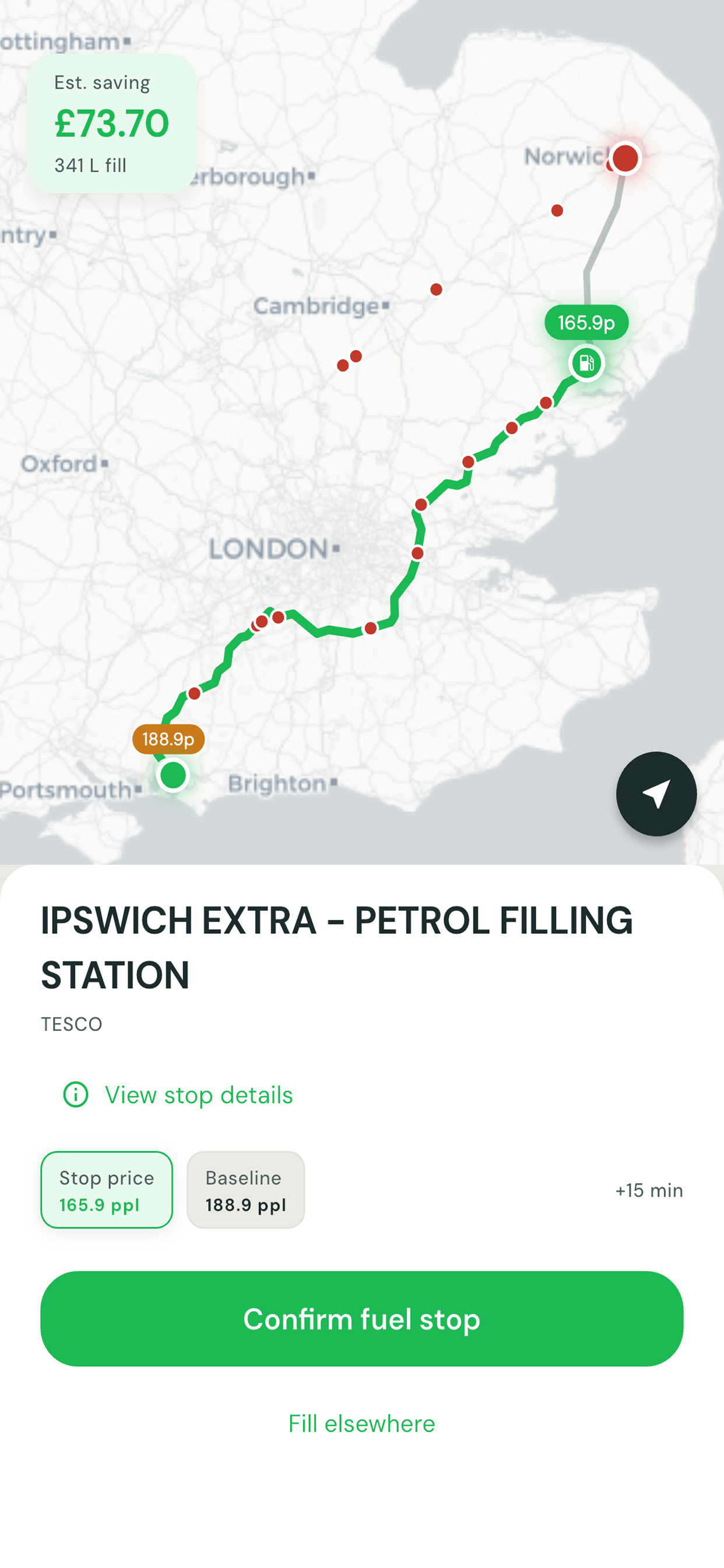 Fuelease app showing a recommended fuel stop on a Portsmouth to Norwich route with an estimated saving of £73.70